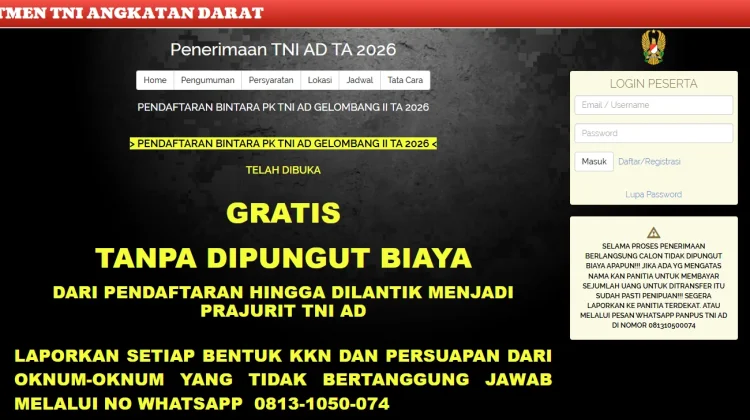Rekrutmen Bintara TNI AD Gelombang II 2026 Dibuka
