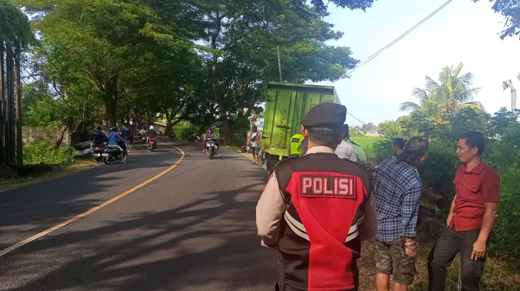 Truk Hino Hantam Tugu Batas Temukus-Kaliasem Banjar