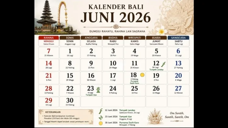 Peringatan dan Hari Suci Kalender Bali Bulan Juni 2026