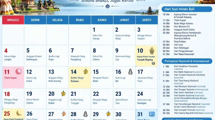 Hari Suci Hindu Bali dan Peringatan Nasional di Bulan Oktober 2026