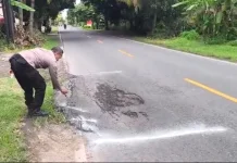 Bhabinkamtibmas Musi Pasang Tanda di Jalan Rusak