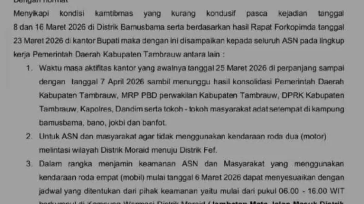 Kondisi Keamanan, ASN Tambrauw Kembali Masuk Kerja 7 April 2026