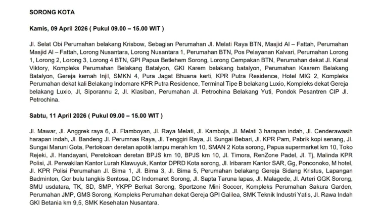 PLN Jadwalkan Pemadaman Listrik di Sorong 9 dan 11 April, Ini Wilayah Terdampak