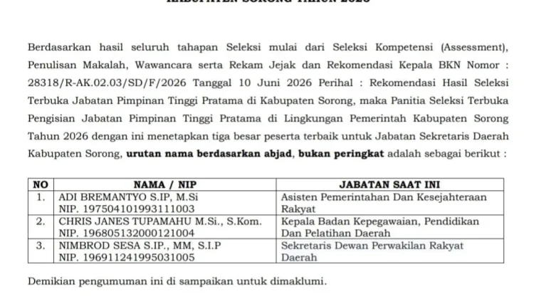 Rekomendasi Pansel Sekda Kabupaten Sorong untuk Tiga Nama Calon