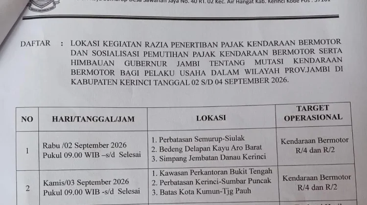 Razia Pajak Kendaraan Digelar Tiga Hari di Kerinci