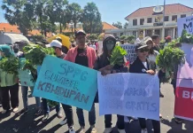 Aksi Dukung MBG di Grahadi, Massa Bagi-Bagi Sayur