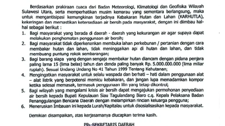Pemda Sitaro Himbau Masyarakat Antisipasi Musim Kemarau