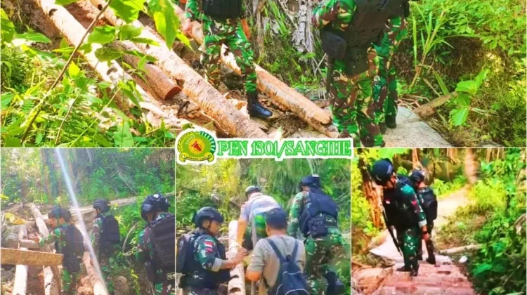 Pamputer Kodim 1301/Sangihe Bangun Jembatan di Marore yang Putus karena Gempa