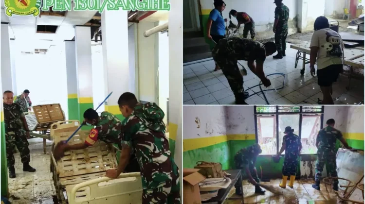 Babinsa Bersihkan Lumpur Pascabencana di RS Siloam Tamako
