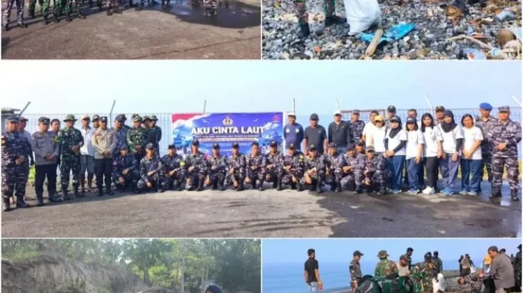 HUT ke-81 TNI AL, TNI-Polri dan Warga Bersihkan Pantai Bungalawang