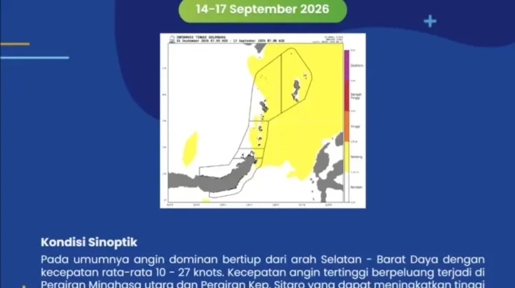 Peringatan Dini Gelombang Tinggi Perairan Sangihe 14 hingga 17 September 2026