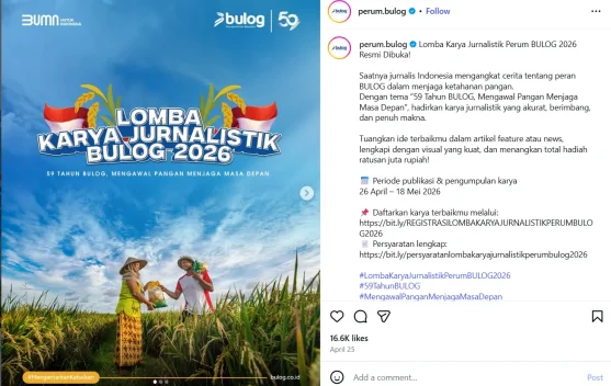 BULOG Buka Lomba Karya Jurnalistik 2026, Angkat Tema Ketahanan Pangan Nasional