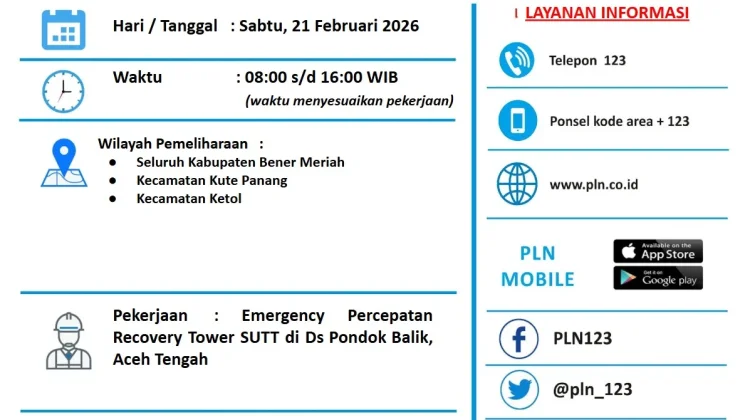 Recovery SUTT Pondok Balik, Listrik Seluruh Bener Meriah Akan Padam