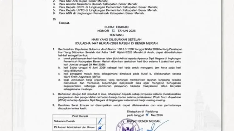 Pemkab Bener Meriah Tambah  Hari Libur Pasca Idul Adha 1447 H