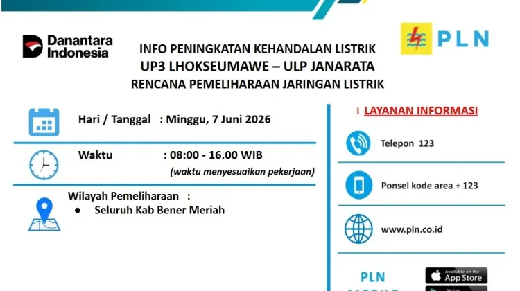 Pemeliharaan Jaringan, Listrik akan Padam di Seluruh Bener Meriah