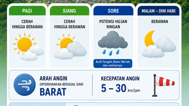 BMKG: Sore Hari Berpotensi Hujan Ringan di Aceh Tengah dan Bener Meriah