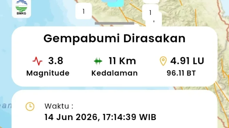 Gempa Magnitudo 3,8 Guncang Wilayah Pidie Jaya, Terasa hingga Sekitar Bale Atu