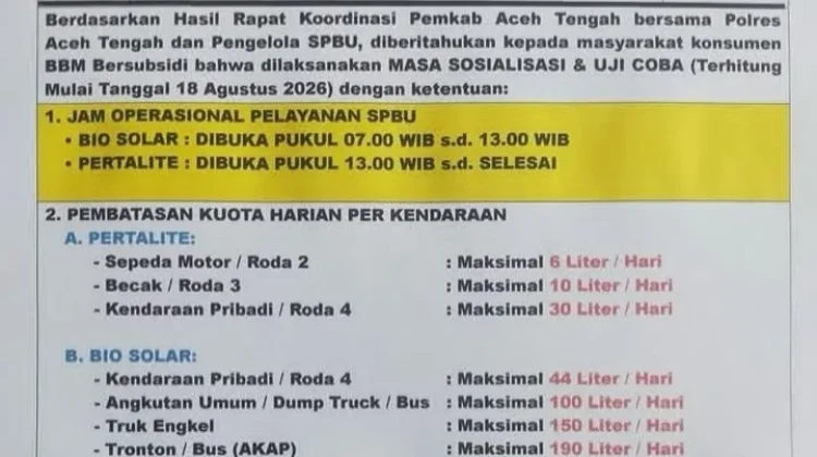Antrean di SPBU Selalu Mengular, Aceh Tengah Atur Jam dan Kuota Pembelian BBM