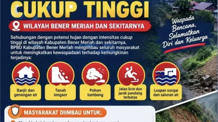 BPBD Bener Meriah Imbau Warga Waspadai Hujan Intensitas Cukup Tinggi