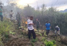 TNI Bersama Masyarakat Padamkan Api di Desa Uring