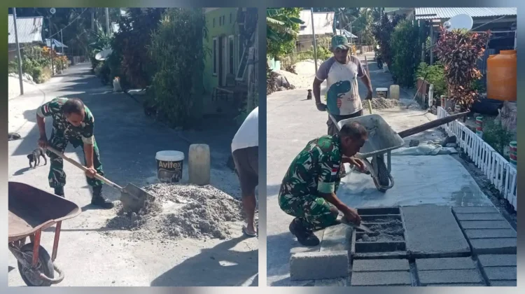 Babinsa Miangas Bantu Warga Cetak Batako Bangun Rumah