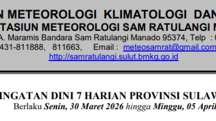 BMKG Keluarkan Peringatan Dini Cuaca Sulut Tujuh Harian