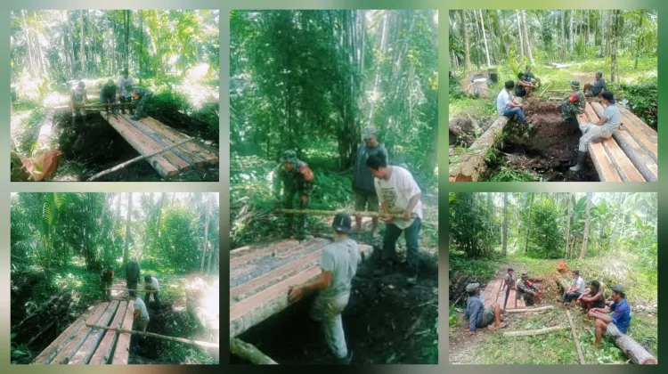 Babinsa Bersama Warga Marampit Kompak Perbaiki Jembatan Rusak