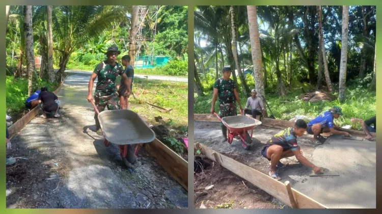 Babinsa Bersama Warga Miangas Gotong Royong Pengecoran Jalan