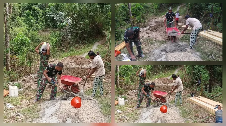 Dukung Petani, Babinsa Koramil Kabaruan Cor Jembatan di Desa Peret