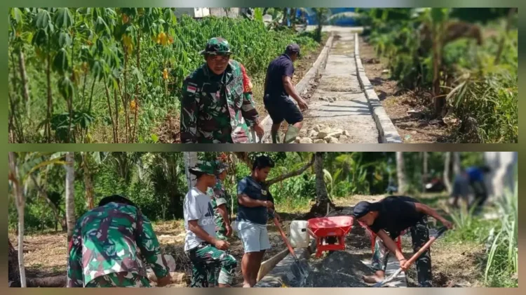 Babinsa Koramil Rainis dan Warga Gotong Royong Buat Jalan Desa