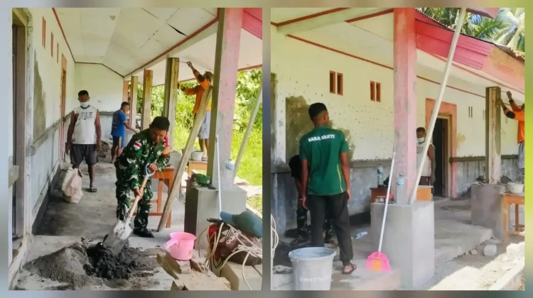 Babinsa dan Satgas TNI-AD Gelar Karya Bakti Renovasi SMK Negeri 7 Dapihe
