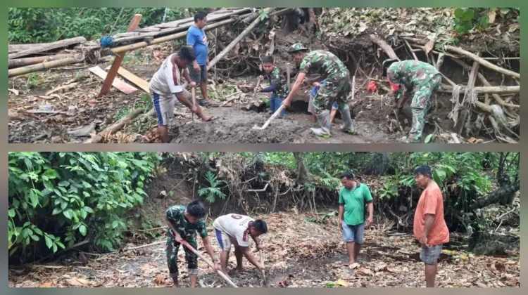 Koramil Kabaruan dan Warga Gotong Royong Bangun Jembatan Nalam Damau