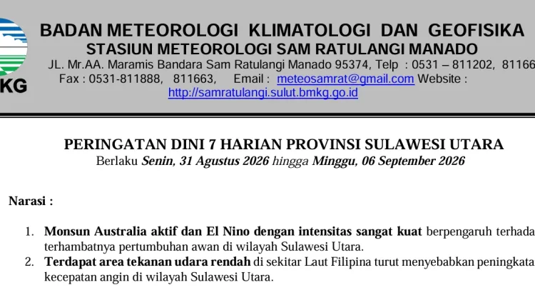 BMKG: Monsun Australia dan Fenomena El Nino Pengaruhi Sulut Masih Alami Kekeringan