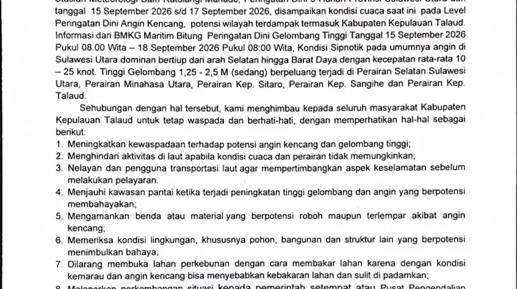 BPBD Talaud Imbau Waspada Angin Kencang dan Gelombang Tinggi