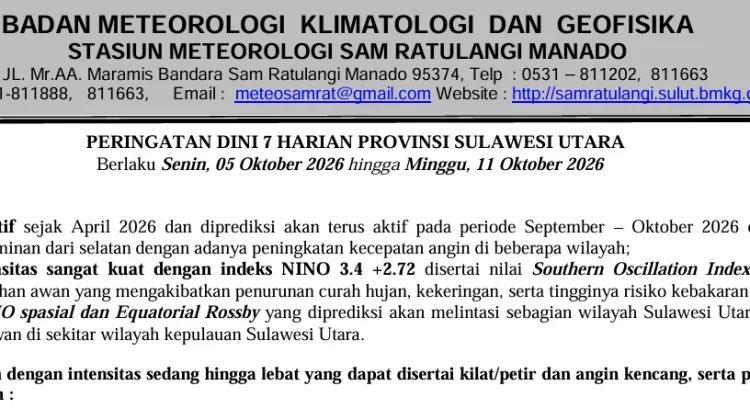 Talaud Berpotensi Hujan Sedang hingga Lebat pada Pekan ini