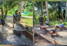 Babinsa Bersama Warga Miangas Gotong Royong Pengecoran Jalan