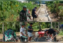 Babinsa Koramil Rainis dan Warga Gotong Royong Buat Jalan Desa