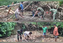 Koramil Kabaruan dan Warga Gotong Royong Bangun Jembatan Nalam Damau