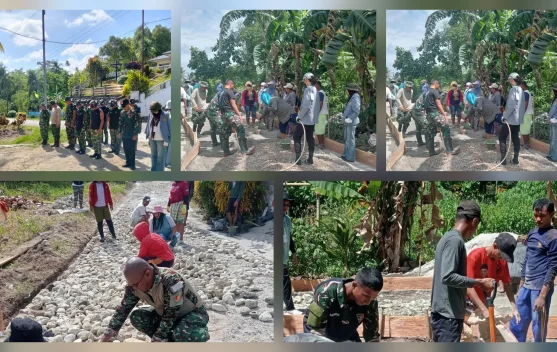 Sinergi TNI, Mahasiswa, dan Warga Sambuara Cor Jalan Desa