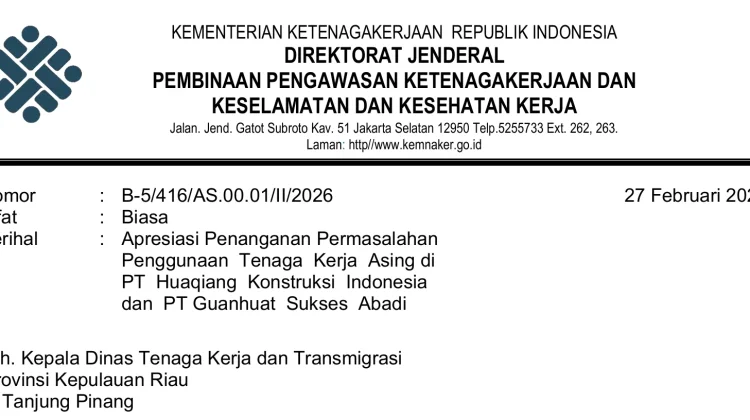 Apresiasi Ditjen Binwasnaker K3 atas Penindakan TKA Ilegal di Kepulauan Riau