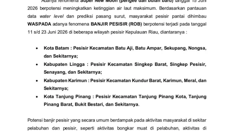 Tanjungpinang Berpotesni Banjir Rob pada 11 hingga 23 Juni 2026
