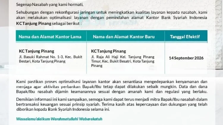 BSI KC Tanjungpinang Komitmen Tingkatkan Pelayanan Maksimal di Kantor yang Baru