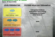 Tarakan, Bulungan dan Tana Tidung Berpotensi Hujan Selama Tiga Hari Kedepan
