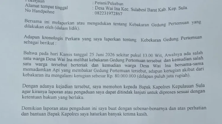 Pemdes Wai Ina Lapor Kebakaran Gedung Pertemuan ke Polres Sula