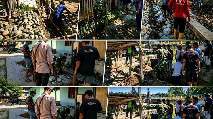 TMMD ke-129, Kodim 1505/Tidore dan Warga Bangun Drainase di Desa Lolobata