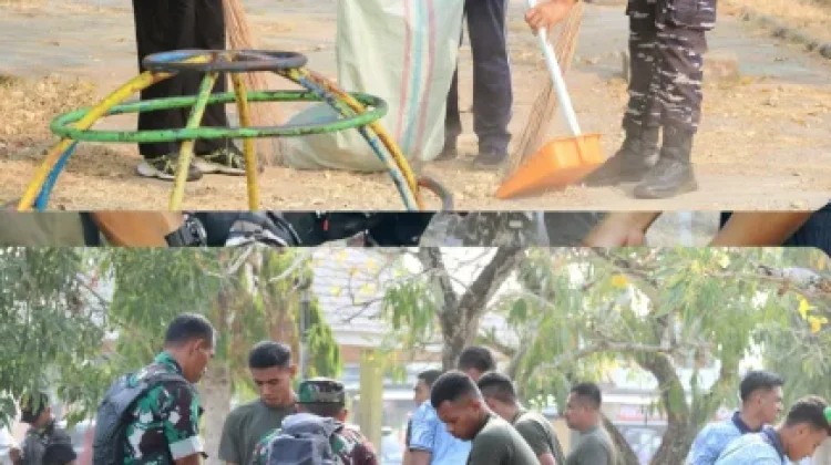 TNI Tiga Matra Bersihkan Taman Kota Daruba Sambut HUT ke-81