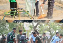 TNI Tiga Matra Bersihkan Taman Kota Daruba Sambut HUT ke-81