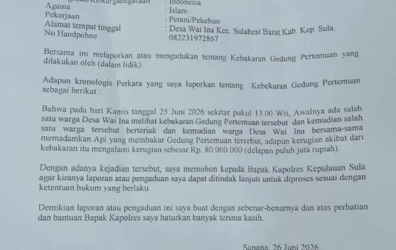 Pemdes Wai Ina Lapor Kebakaran Gedung Pertemuan ke Polres Sula