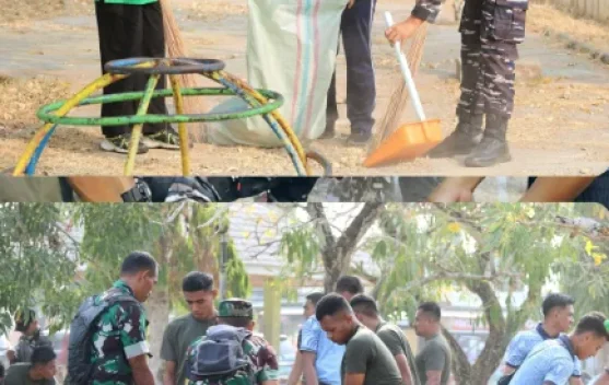 TNI Tiga Matra Bersihkan Taman Kota Daruba Sambut HUT ke-81