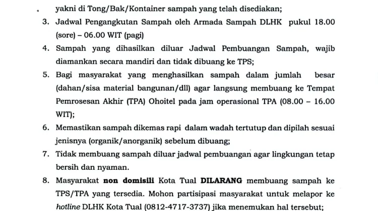 DLHK Kota Tual Tetapkan Jadwal Pembuangan Sampah